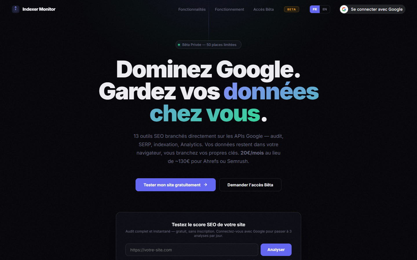 Aperçu du site Indexer Monitor